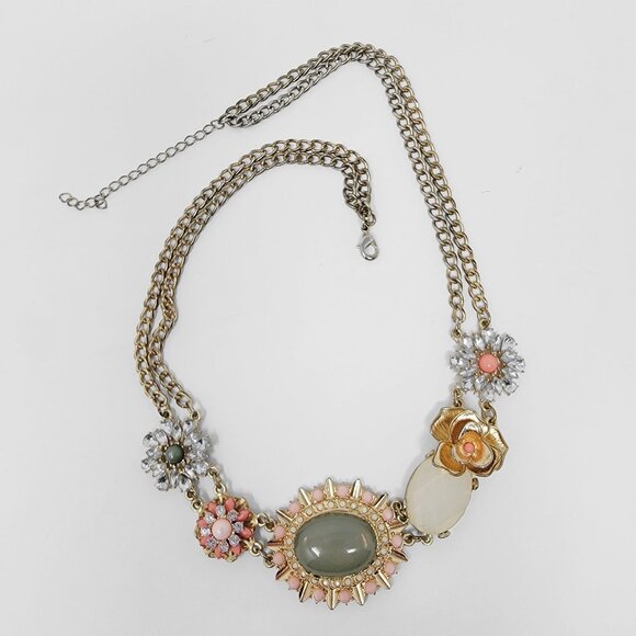 Estate Gold Tone Floral Statement Necklace Cabochon Rhinestone 19.5” Adjustable - Picture 1 of 5